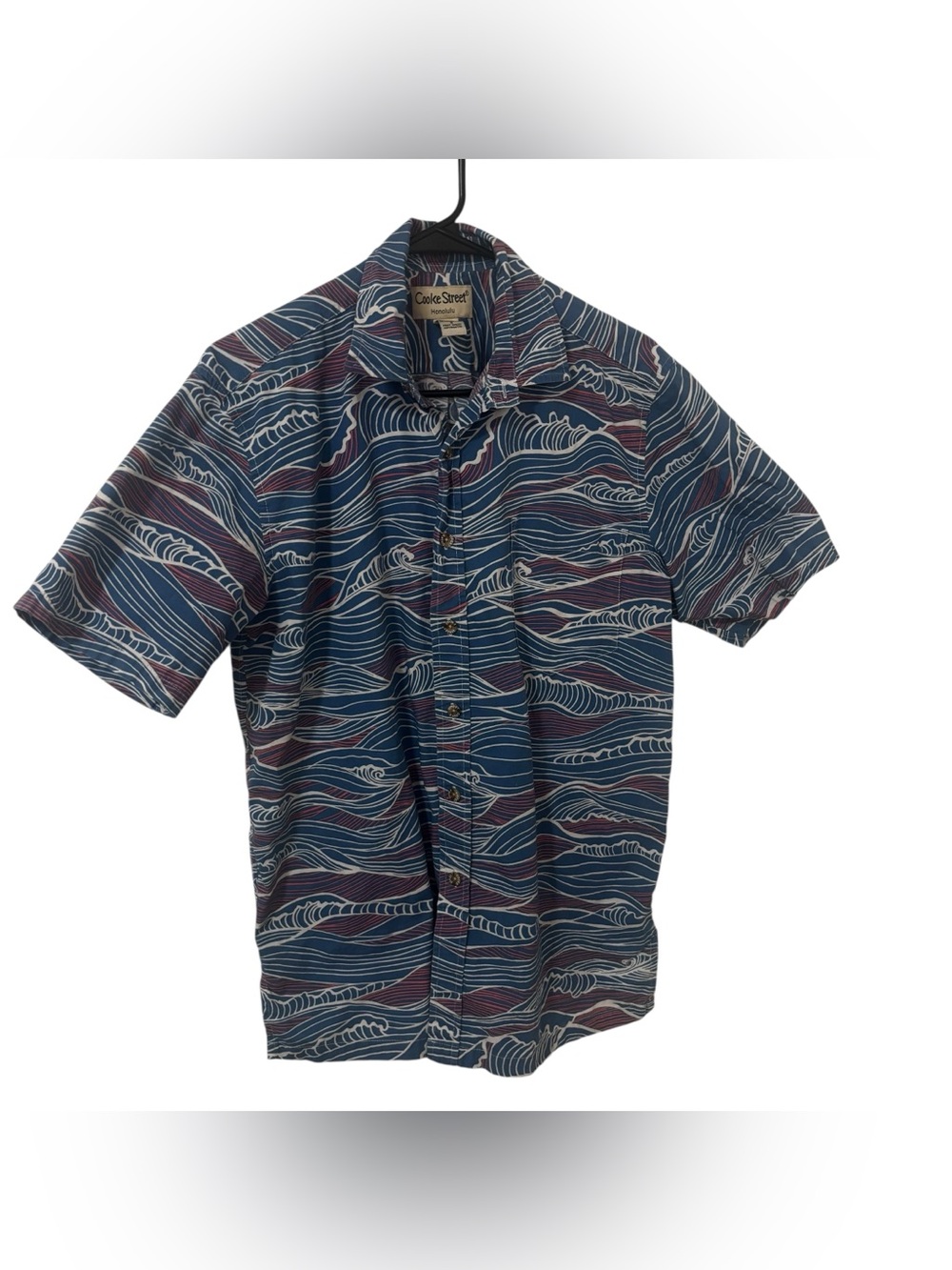 Cooke street Honolulu blue white red aloha shirt with waves ocean design size s